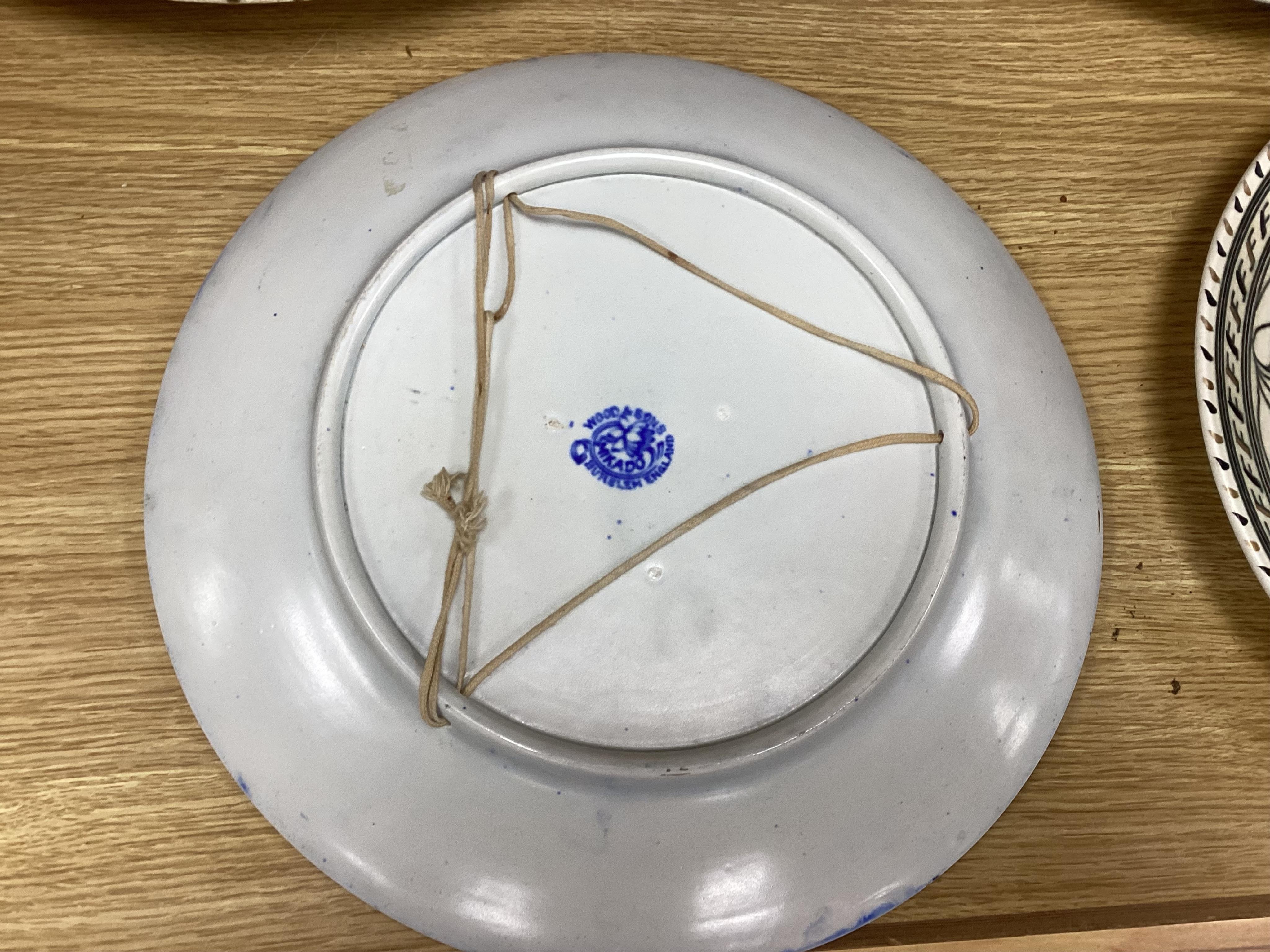 Two Charlotte Rhead signed chargers, a similar signed matching plate and vase and a ‘Mikado’ Burslem blue and white Oriental style charger designed by Frederick Rhead, largest 45cm diameter. Condition - good